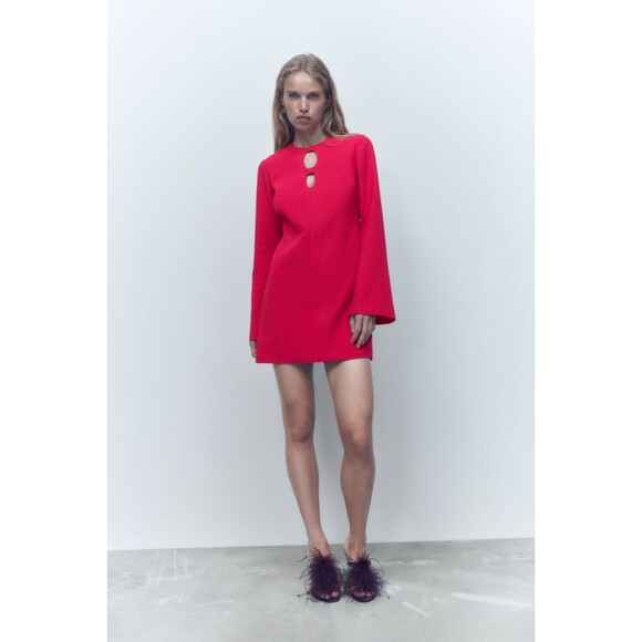 Zara Dresses & Skirts - Hot Pink Zara Front Cutout Flare Sleeve Round Neck Mini Dress (NWT)